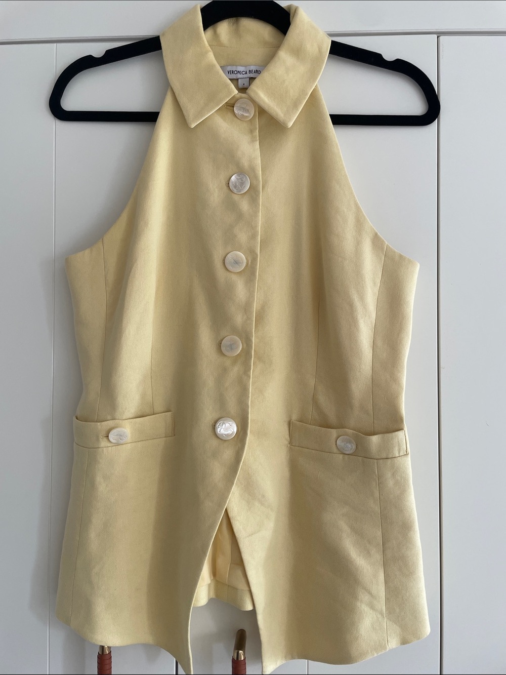 Veronica Beard Pale Yellow Sleeveless Button-Front Halter Tunic